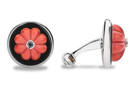 Barbarulo Napoli – Coral flower cufflinks with black diamond in silver