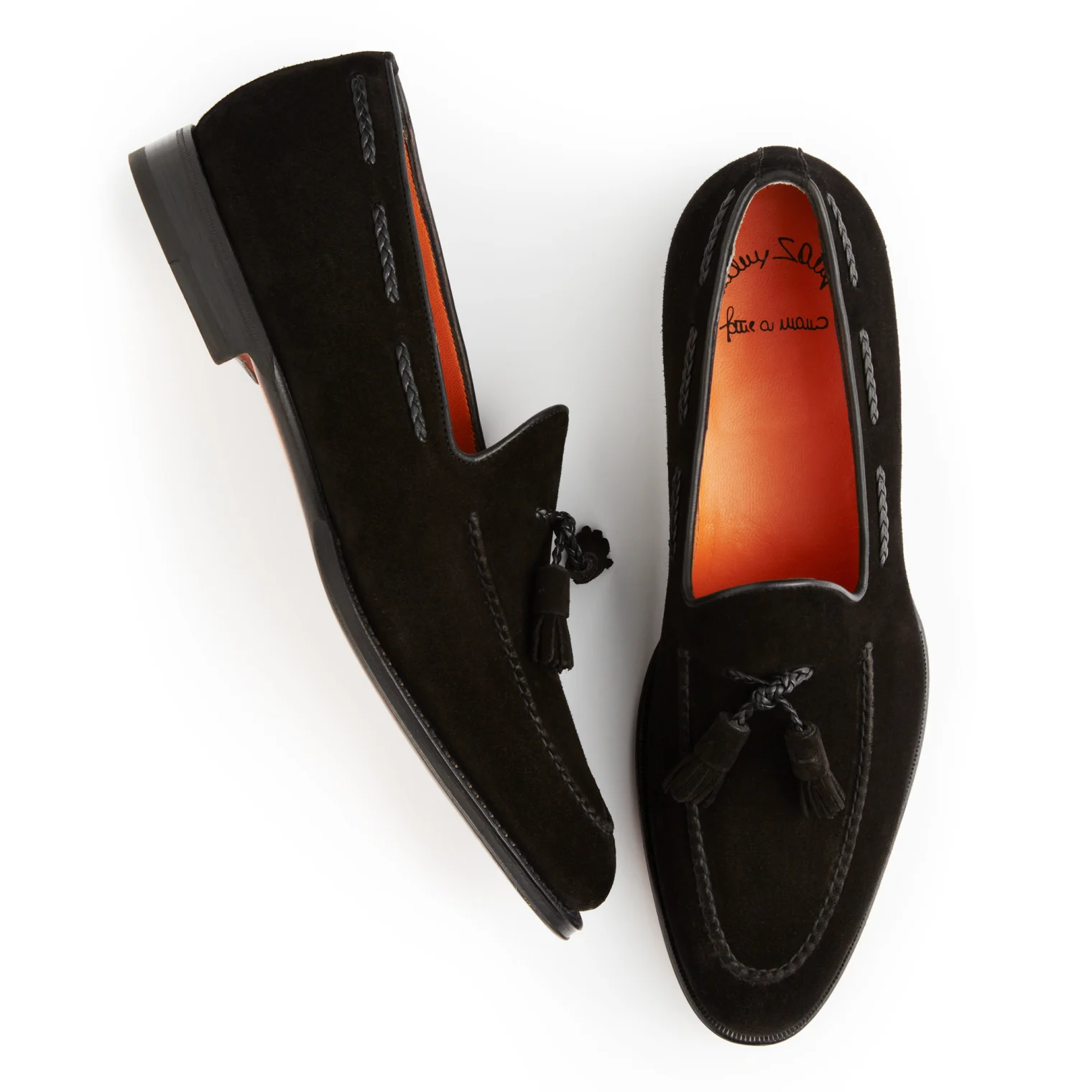 Santoni Classic Braided Tassel Loafer – Black Suede