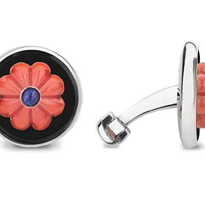 Coral flower with sapphires and onyx cufflinks