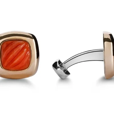 Gold square cufflinks with coral cufflinks