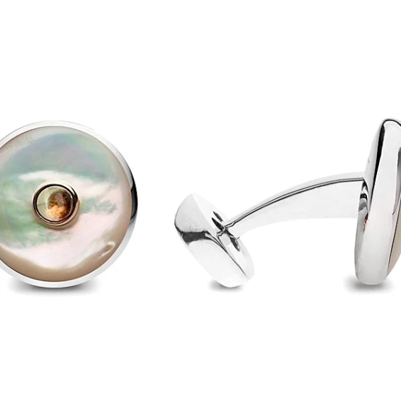 Grey Mother of Pearl Gold and Peridot stone cufflinks