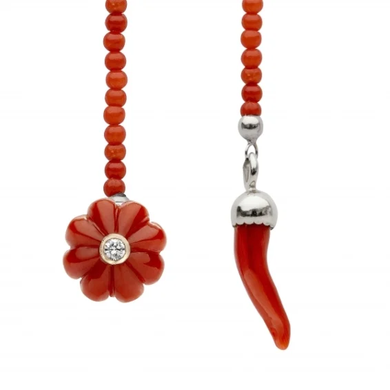 Lapel chain – coral flower with diamond and coral horn