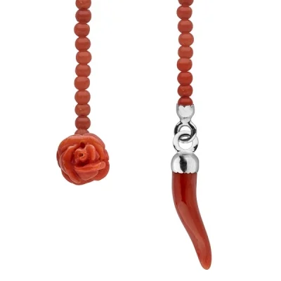 Lapel chain –  coral small rose and horn