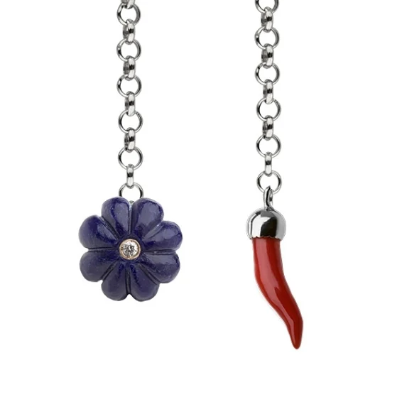 Lapel chain – lapis lazuli flower with diamond and coral horn