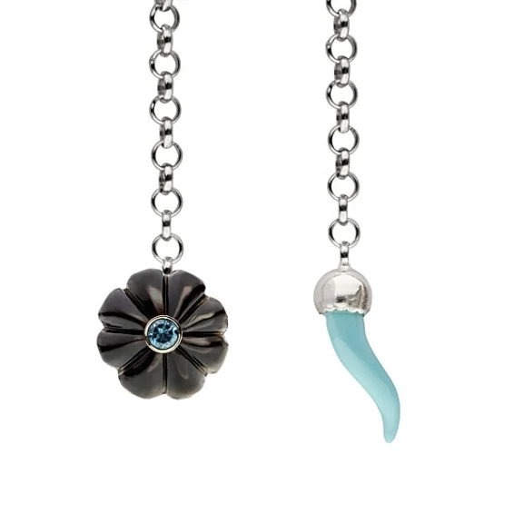 Lapel chain – mother of pearl flower with blue topaz and turquoise horn