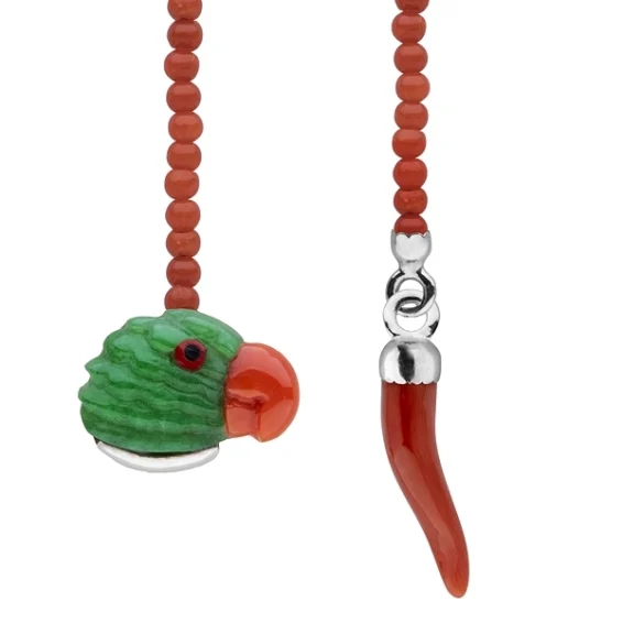 Lapel chain –  parrot jade and coral horn