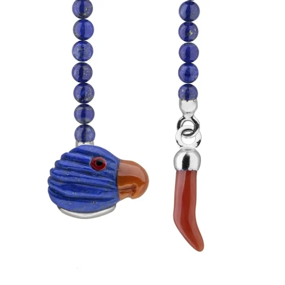 Lapel chain –  parrot lapis lazuli and coral horn