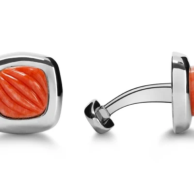 Silver square cufflinks with coral cufflinks